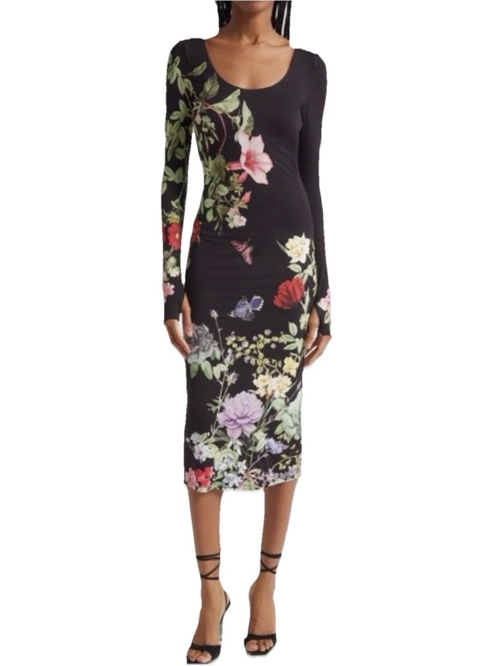 Alice + Olivia Delora Black Vibrant Floral Scoopneck Sheath Midi-Dress - Size 6